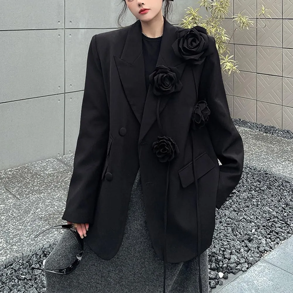 Women Black Oversized Lapel Blazers Flower Party Blazer