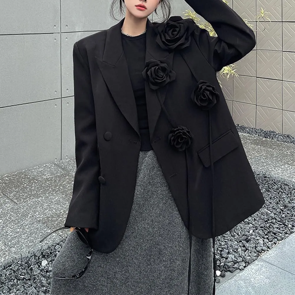 Women Black Oversized Lapel Blazers Flower Party Blazer