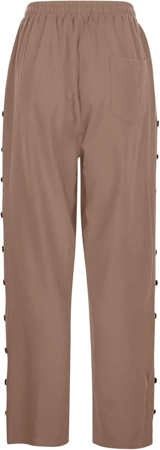 Women Casual Elastic Waist Pants Loose Side Button Comfy Straight Leg Trousers Summer Fashion Trousers with Pocket