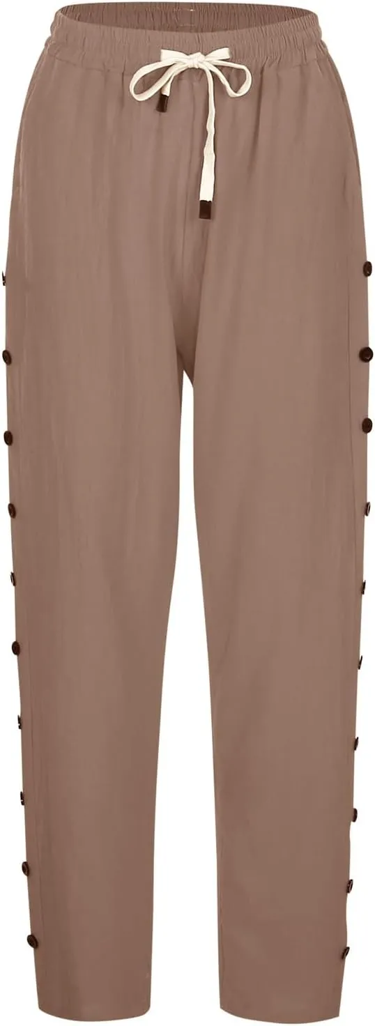 Women Casual Elastic Waist Pants Loose Side Button Comfy Straight Leg Trousers Summer Fashion Trousers with Pocket