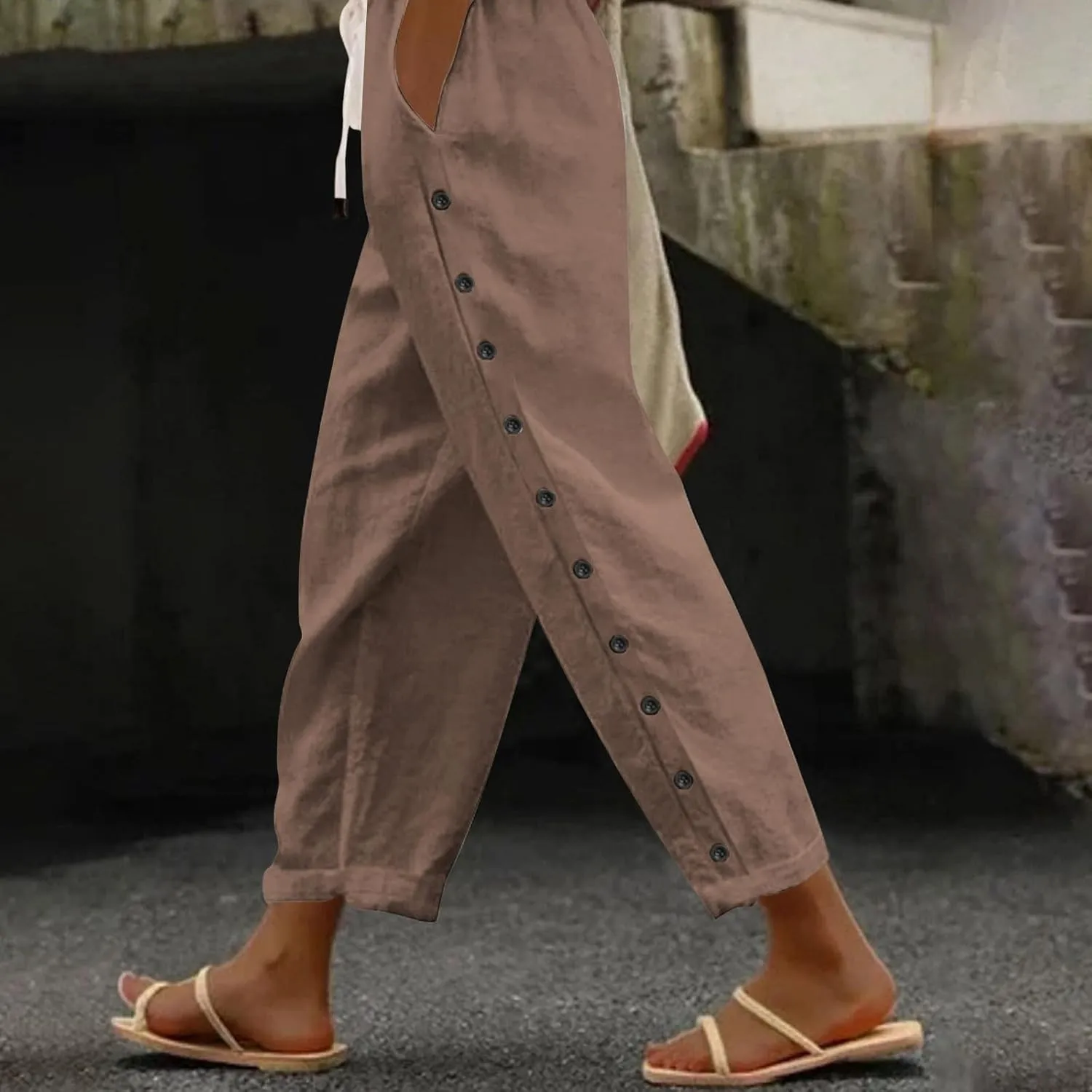 Women Casual Elastic Waist Pants Loose Side Button Comfy Straight Leg Trousers Summer Fashion Trousers with Pocket