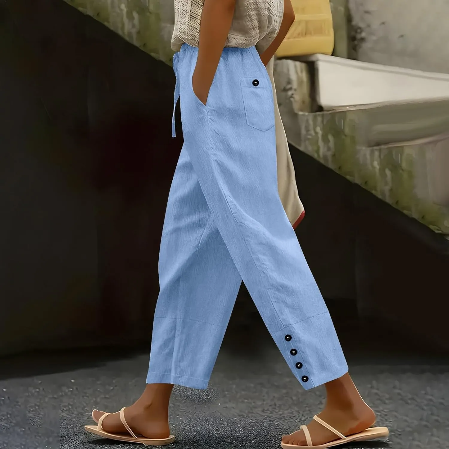 Women High Waisted Pants with Pockets Straight Leg Casual Trousers Pants Beach Summer Pants Loose Vacation Pants