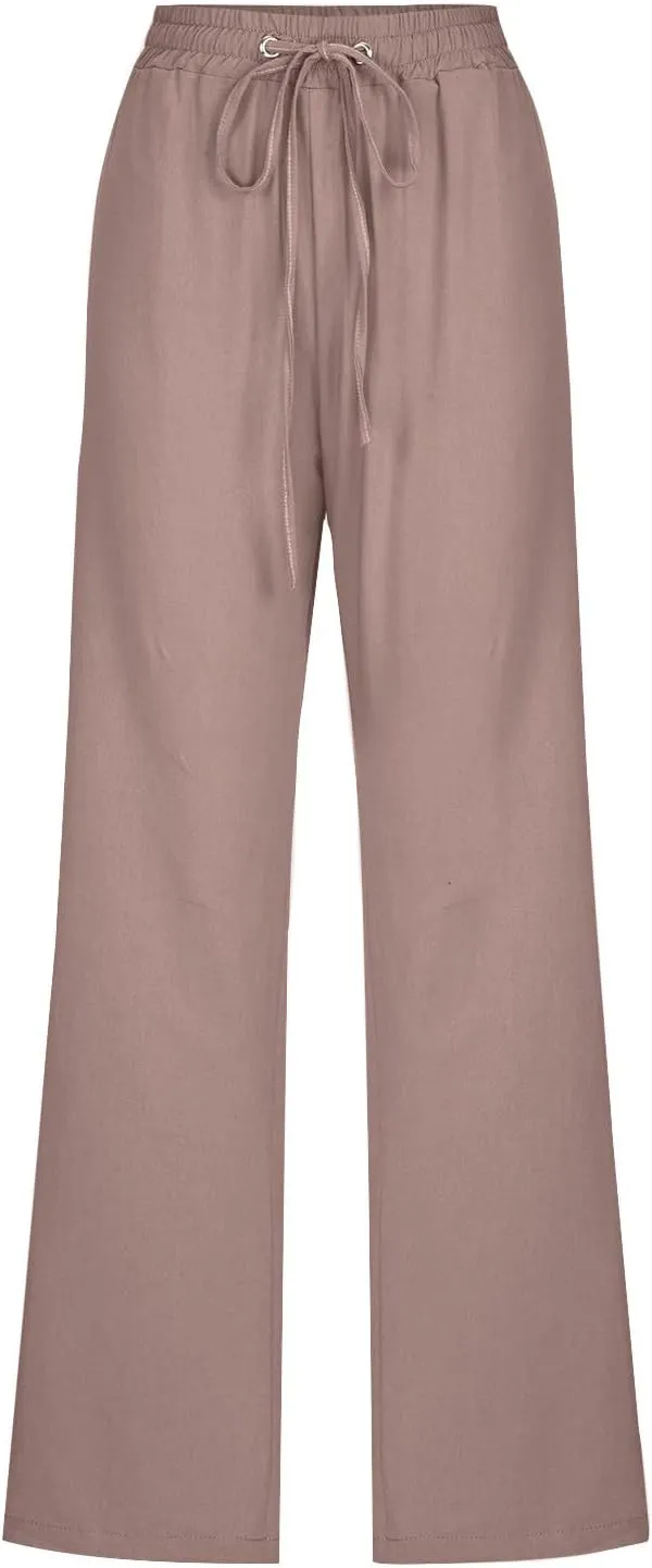 Women Linen Pants Straight Leg Palazzo Pants Summer Beach Pants Elastic Waist Drawstring Work Pants Long Trousers
