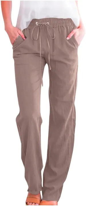 Women Linen Pants Straight Leg Palazzo Pants Summer Beach Pants Elastic Waist Drawstring Work Pants Long Trousers