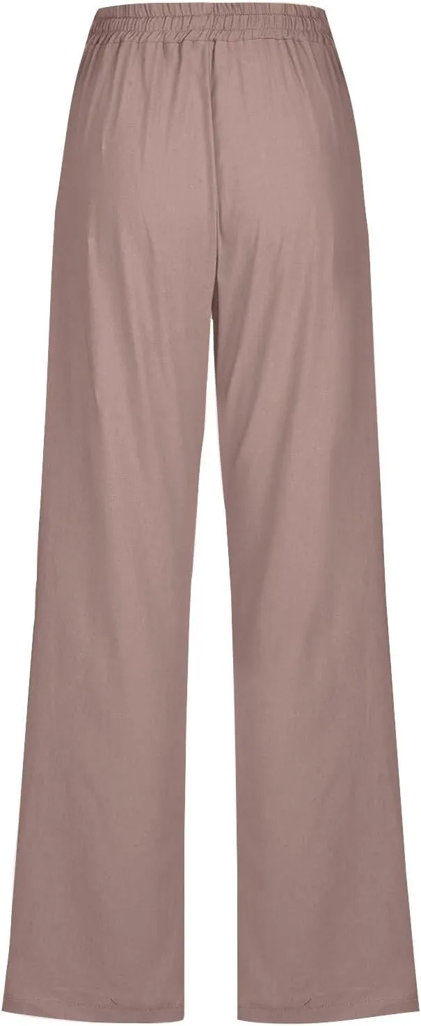 Women Linen Pants Straight Leg Palazzo Pants Summer Beach Pants Elastic Waist Drawstring Work Pants Long Trousers