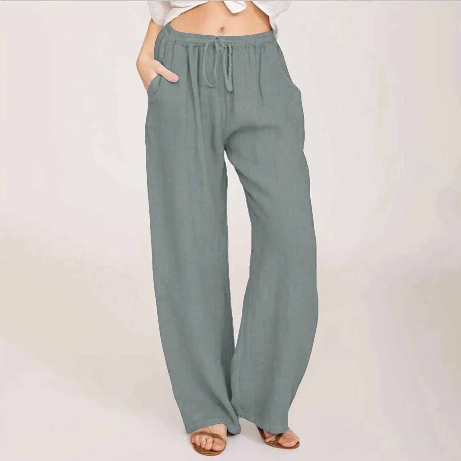 Women Linen Pants Summer Casual Beach Pants Drawstring High Waisted Wide Leg Pants Loose Trousers with Pockets