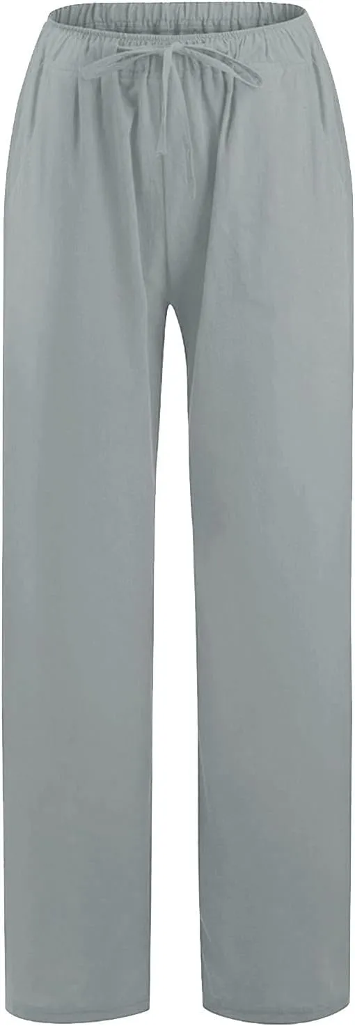 Women Linen Pants Summer Casual Beach Pants Drawstring High Waisted Wide Leg Pants Loose Trousers with Pockets