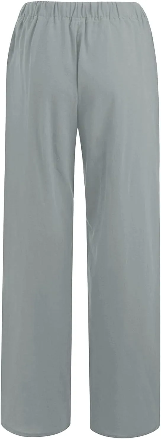 Women Linen Pants Summer Casual Beach Pants Drawstring High Waisted Wide Leg Pants Loose Trousers with Pockets
