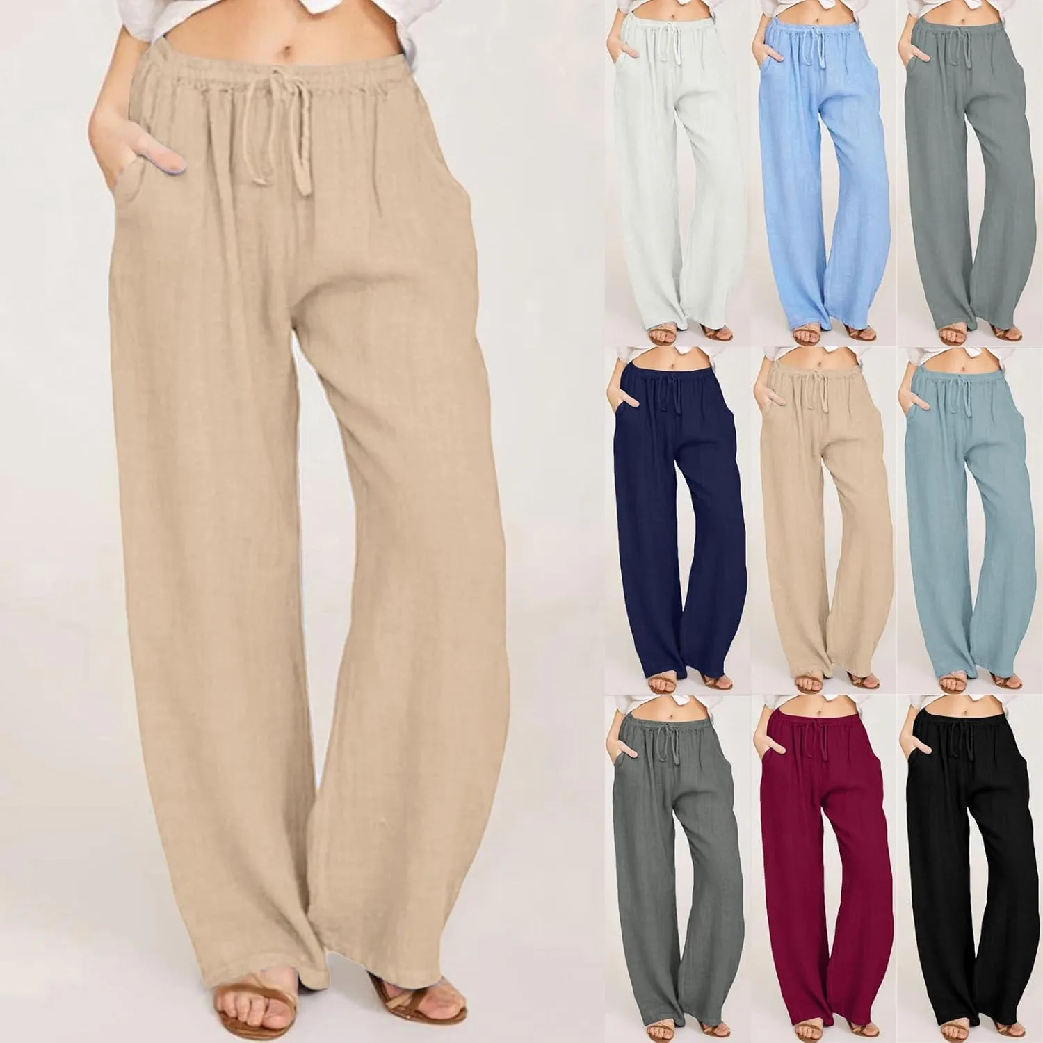 Women Linen Pants Summer Casual Beach Pants Drawstring High Waisted Wide Leg Pants Loose Trousers with Pockets
