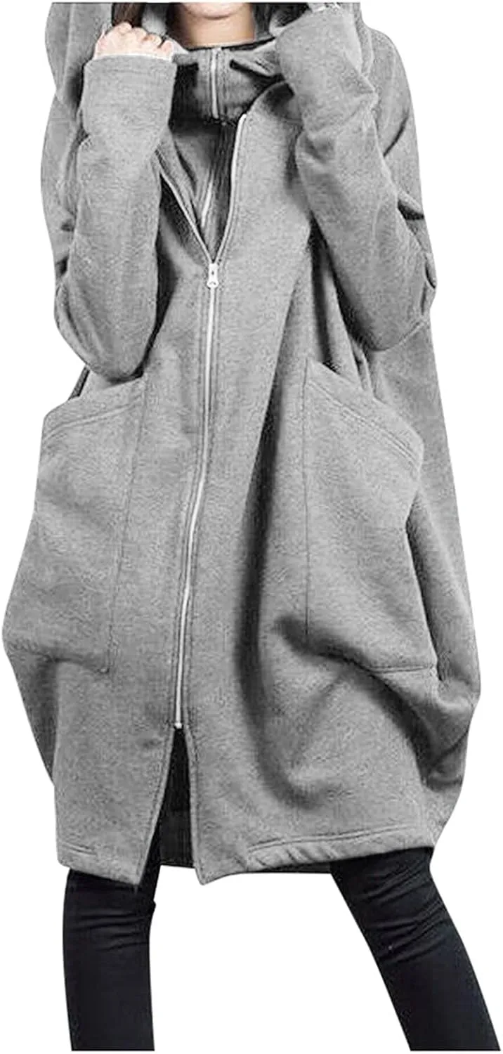 Women Long Hoodies Oversized Zip Up Tunic Coats Outerwear Longline Jackets Long Sleeve Cardigan with Pockets