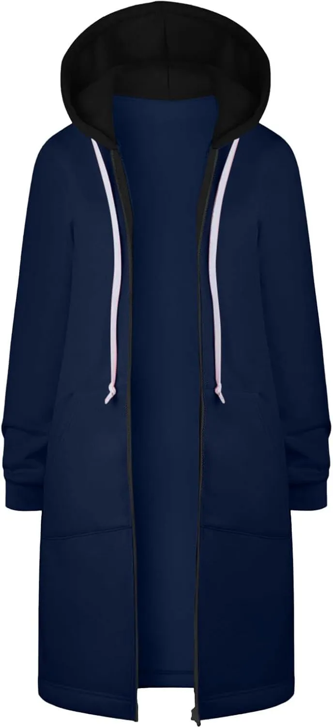 Women Longline Zip Up Hoodies Jackets Fleece Lined Long Sweatshirt Coats Loose Patchwork Hooded Jacket Outerwear