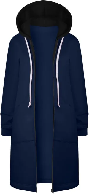 Women Longline Zip Up Hoodies Jackets Fleece Lined Long Sweatshirt Coats Loose Patchwork Hooded Jacket Outerwear