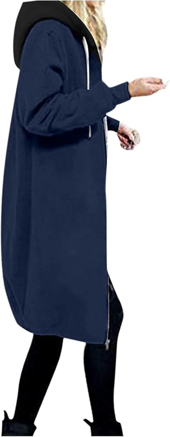 Women Longline Zip Up Hoodies Jackets Fleece Lined Long Sweatshirt Coats Loose Patchwork Hooded Jacket Outerwear