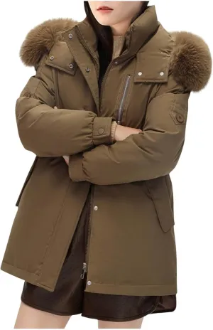 Women Puffer Jacket with Hood Hooded Winter Down Puffer Coat for Women with Faux-Fur Hood & Collar