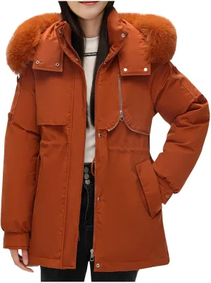 Women Puffer Jacket with Hood Hooded Winter Down Puffer Coat for Women with Faux-Fur Hood & Collar
