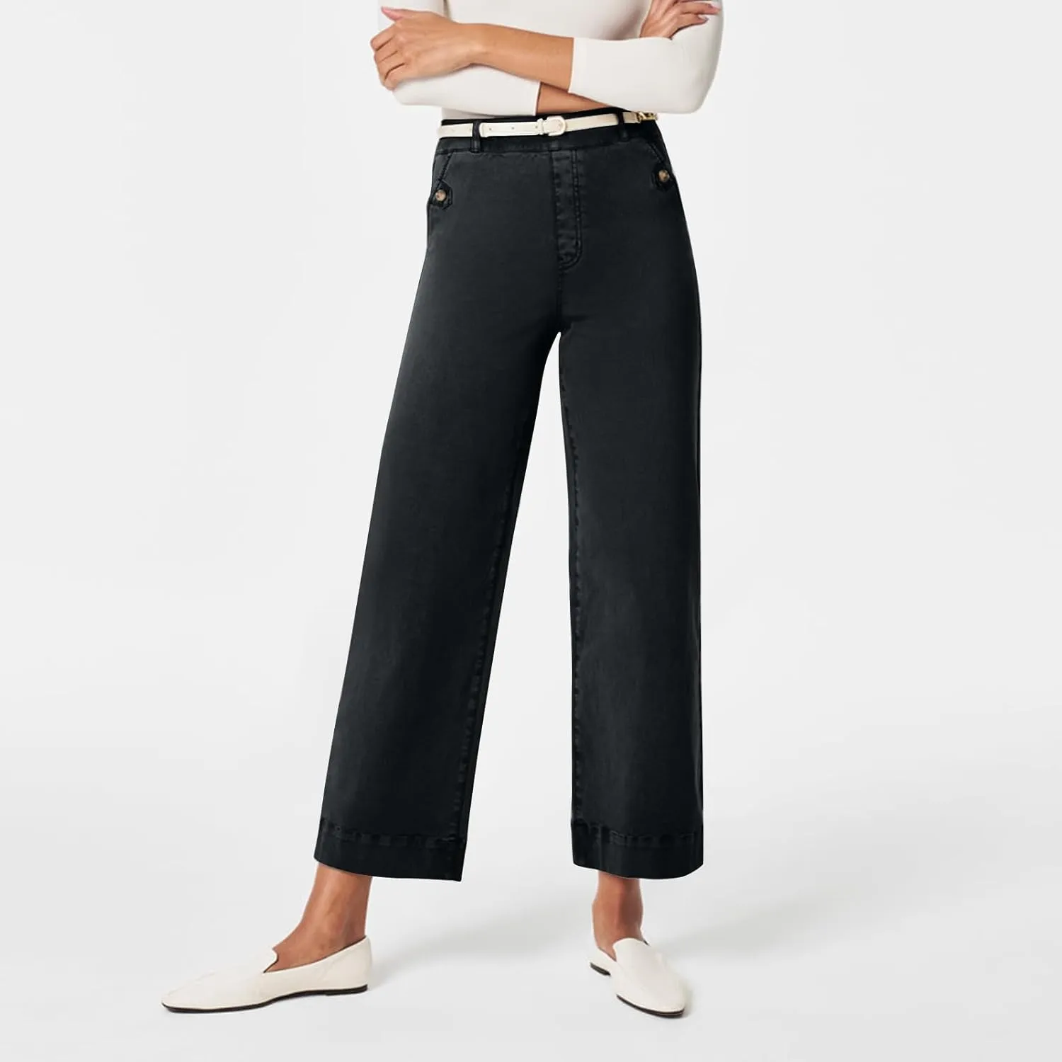 Women Stretch Twill Cropped Wide Leg Pant Casual Straight Leg Chino Pants Baggy Ankle Jeans Cropped Denim Pants