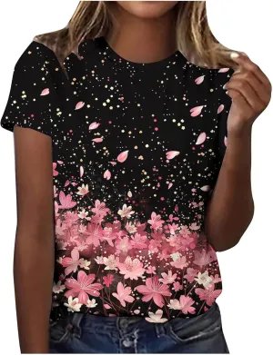 Women Summer Casual Hawaiian Printed T Shirt Short Sleeve Crewneck Vacation Basic Tops Loose Comfy Blouse