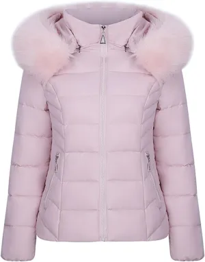 Women Warm Winter Down Puffer Jacket Trendy Hooded Winter Puffer Coat with Faux Fur Lined Hood and Collar
