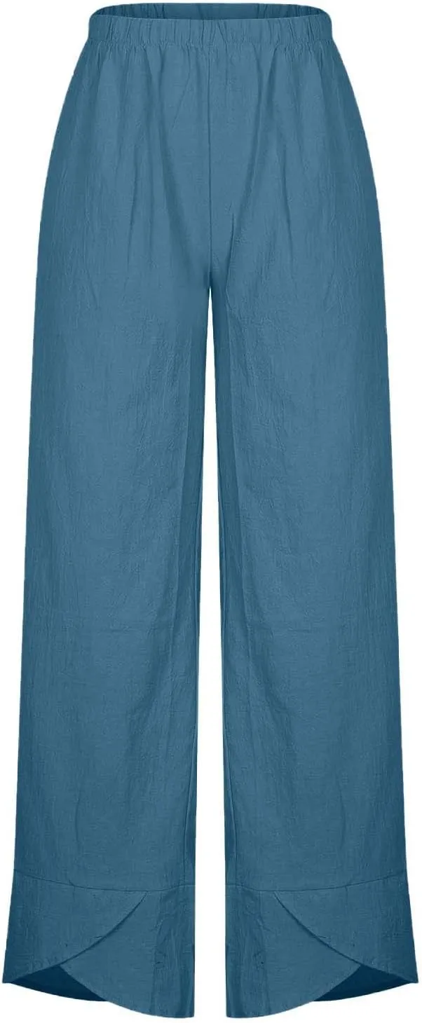 Womens 2024 Linen Pants Summer Wide Leg Pants Cropped Tulip Beach Pants Loose Casual Lounge Pants Trousers