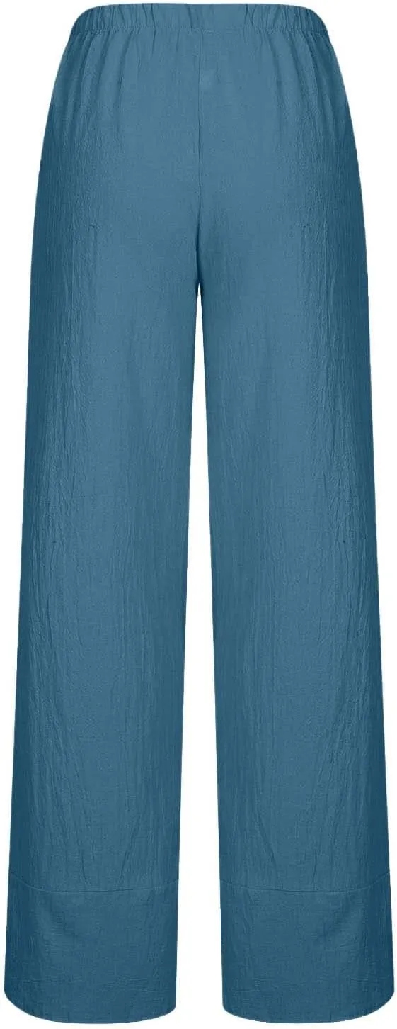Womens 2024 Linen Pants Summer Wide Leg Pants Cropped Tulip Beach Pants Loose Casual Lounge Pants Trousers