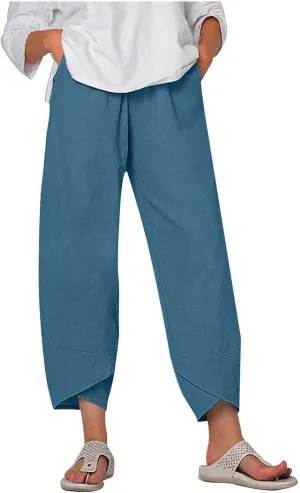 Womens 2024 Linen Pants Summer Wide Leg Pants Cropped Tulip Beach Pants Loose Casual Lounge Pants Trousers