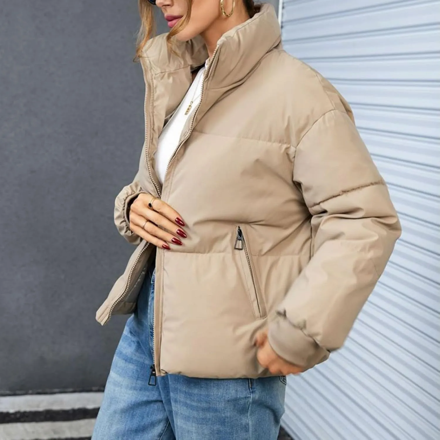 Women's 2024 Winter Long Sleeve Zipper Puffer Crop Jacket Pockets Baggy Short Coats Jackets Casual Outerwear