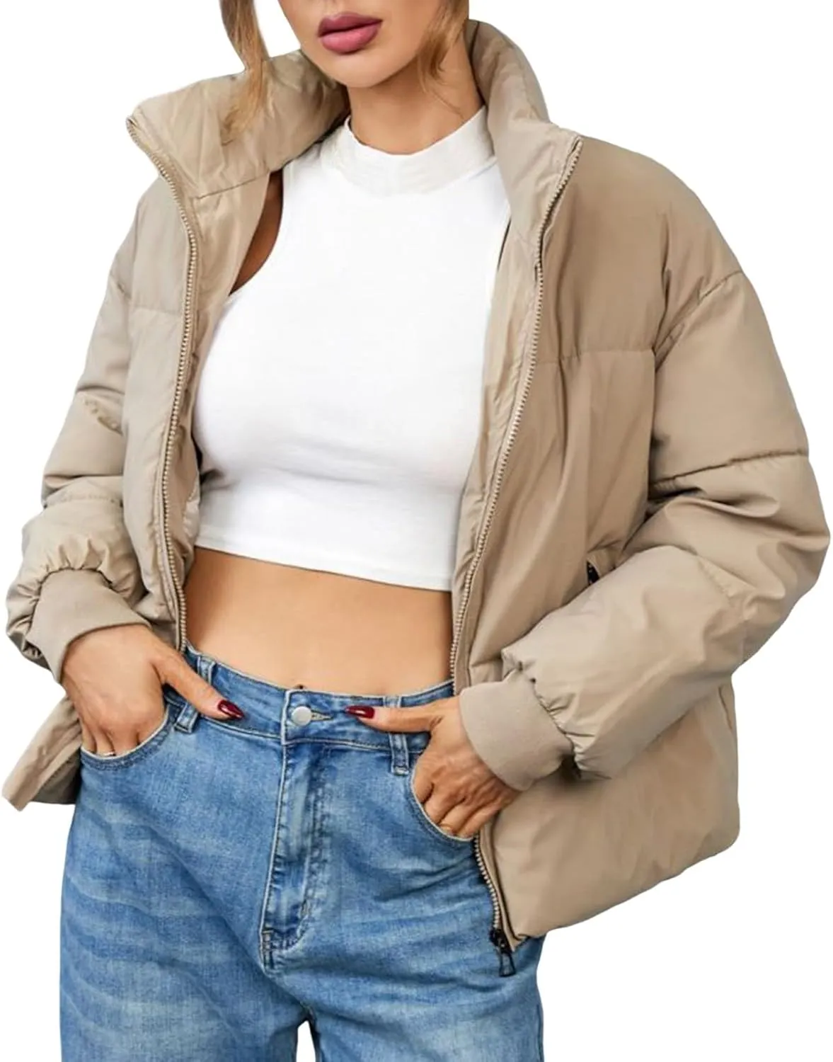 Women's 2024 Winter Long Sleeve Zipper Puffer Crop Jacket Pockets Baggy Short Coats Jackets Casual Outerwear