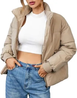 Women's 2024 Winter Long Sleeve Zipper Puffer Crop Jacket Pockets Baggy Short Coats Jackets Casual Outerwear
