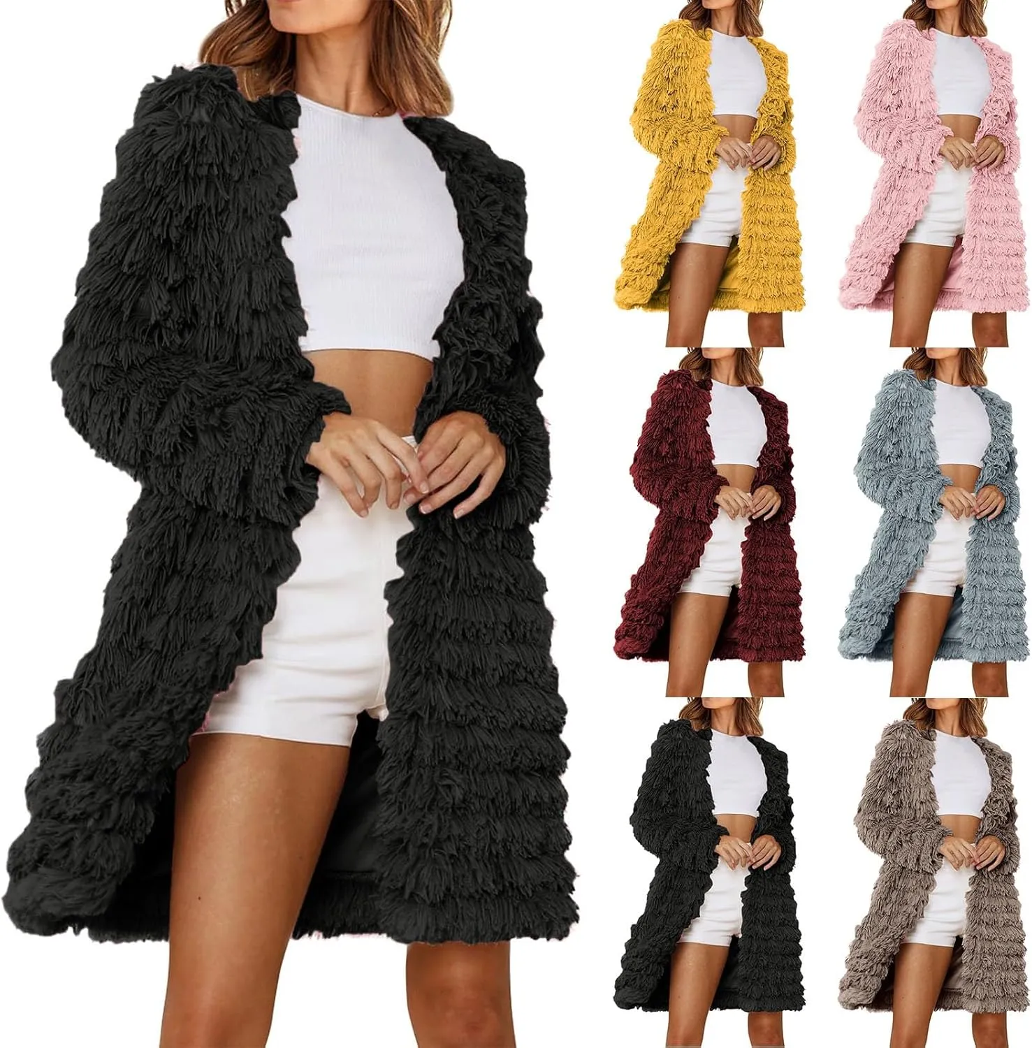 Women's 2024 Winter Overcoats Trendy Casual Fuzzy Jackets Fashion Open Front Cardigan Long/Short Shaggy Coat Outerwear