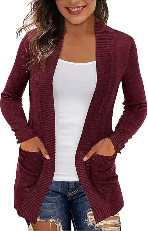 Women's Blazer 2025 Open Front Solid Color Jacket Cardigan Plus Size Comfy Office Work Business Women Work Clothes Sacos Elegantes para Mujer Wine XX-Large