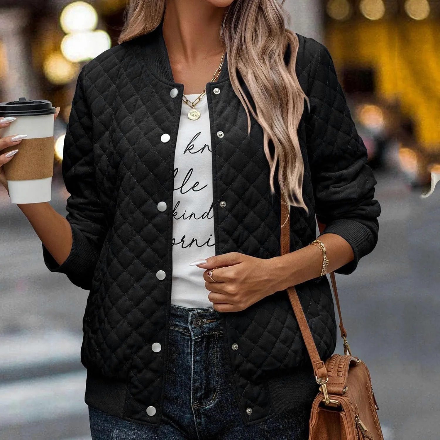 Women's Bomber Jacket 2024 Winter Trendy Coats Casual Baseball Coat Button Up Outerwear Lightweight Windbreaker Pockets