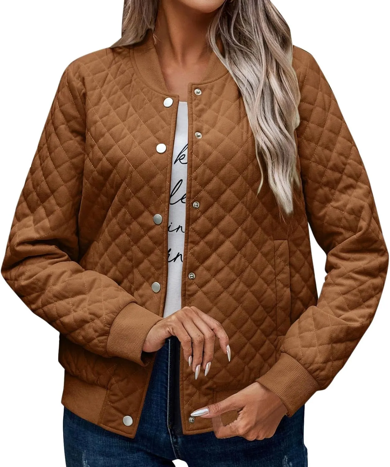 Women's Bomber Jacket 2024 Winter Trendy Coats Casual Baseball Coat Button Up Outerwear Lightweight Windbreaker Pockets