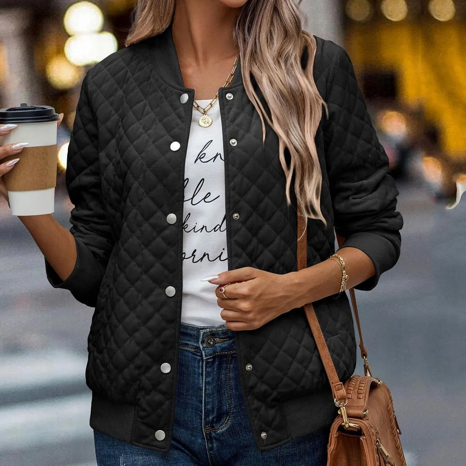 Women's Bomber Jacket 2024 Winter Trendy Coats Casual Baseball Coat Button Up Outerwear Lightweight Windbreaker Pockets