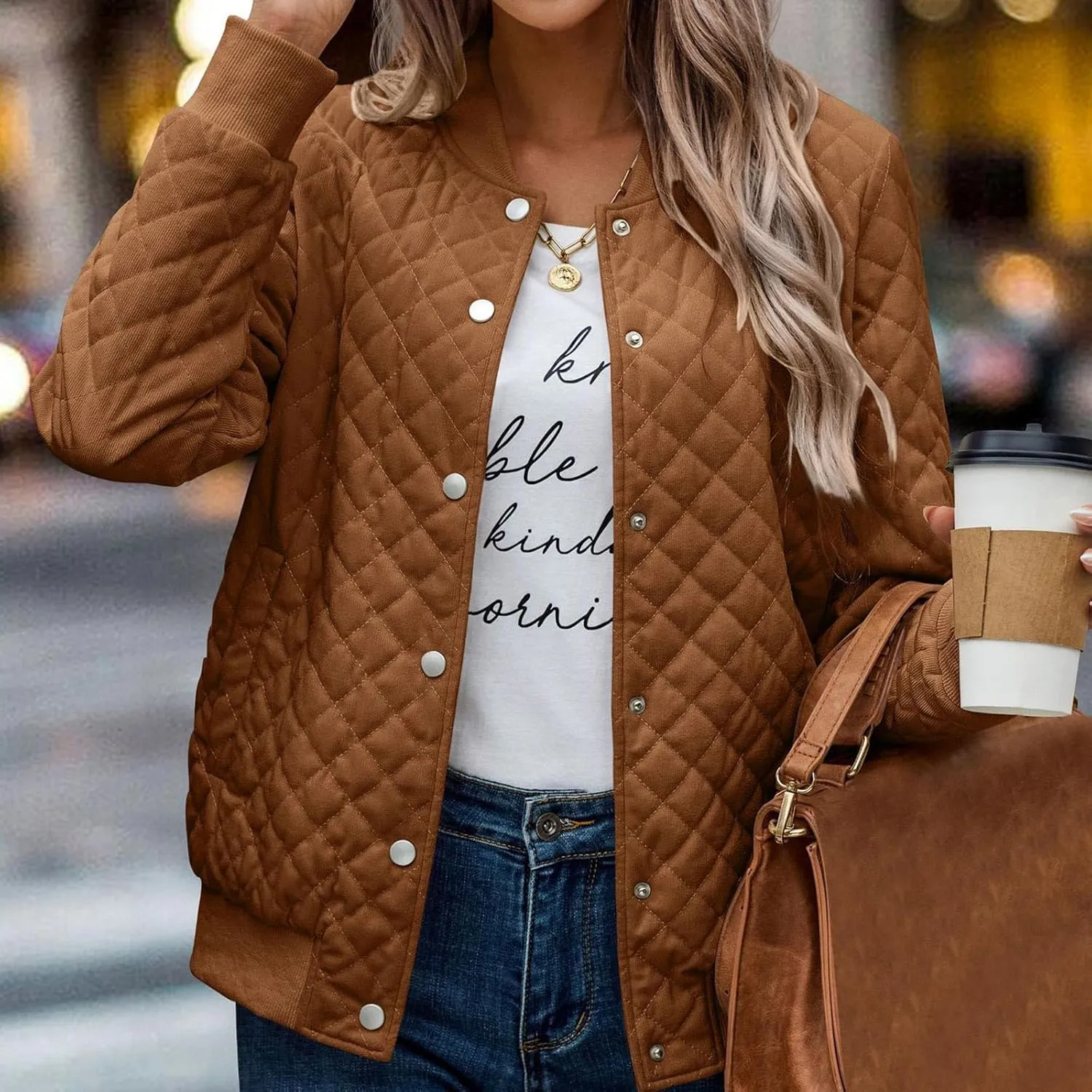 Women's Bomber Jacket 2024 Winter Trendy Coats Casual Baseball Coat Button Up Outerwear Lightweight Windbreaker Pockets