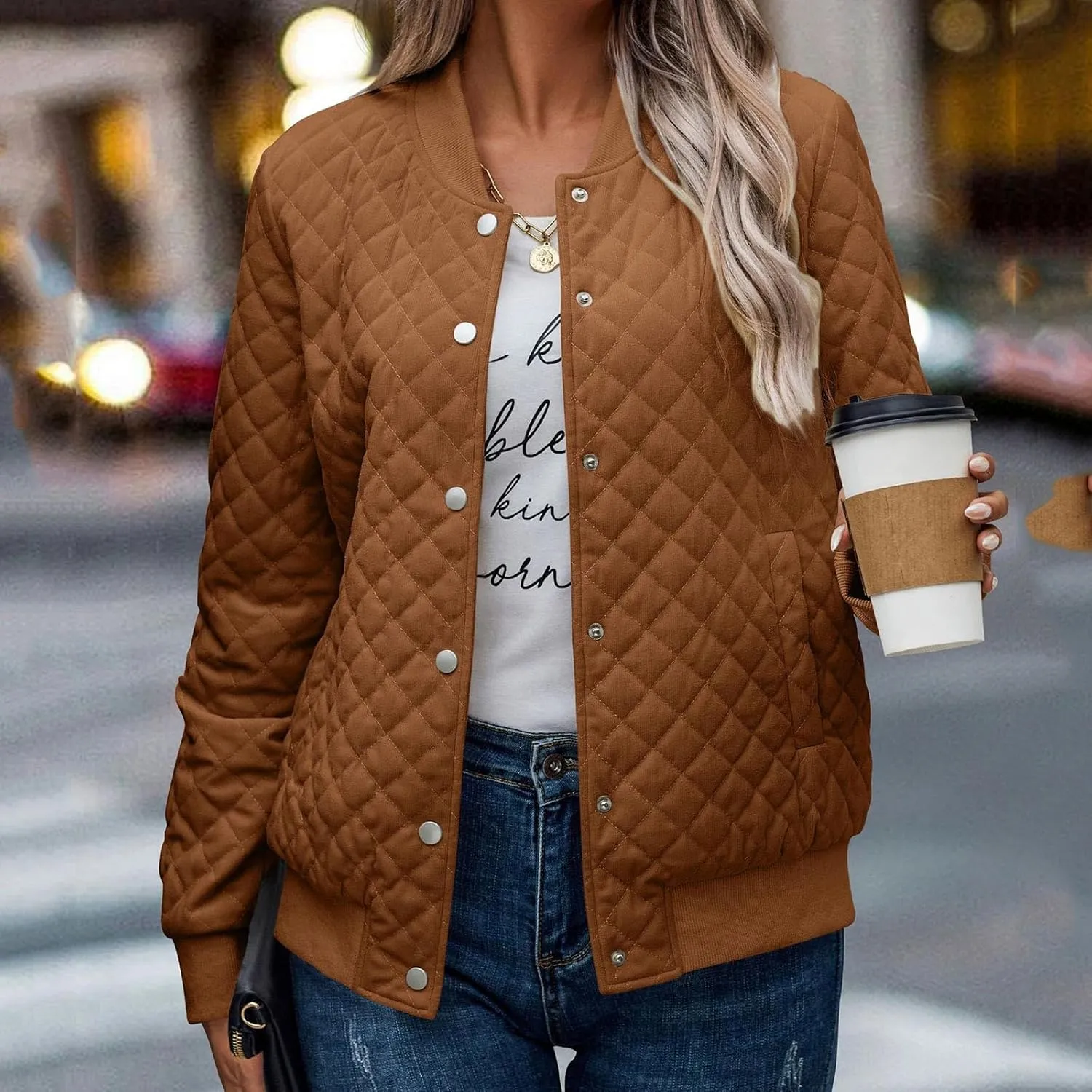Women's Bomber Jacket 2024 Winter Trendy Coats Casual Baseball Coat Button Up Outerwear Lightweight Windbreaker Pockets
