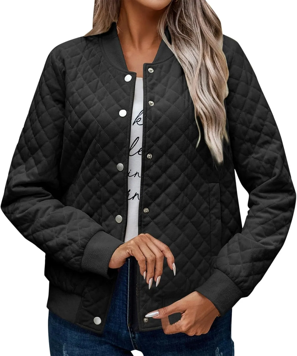 Women's Bomber Jacket 2024 Winter Trendy Coats Casual Baseball Coat Button Up Outerwear Lightweight Windbreaker Pockets
