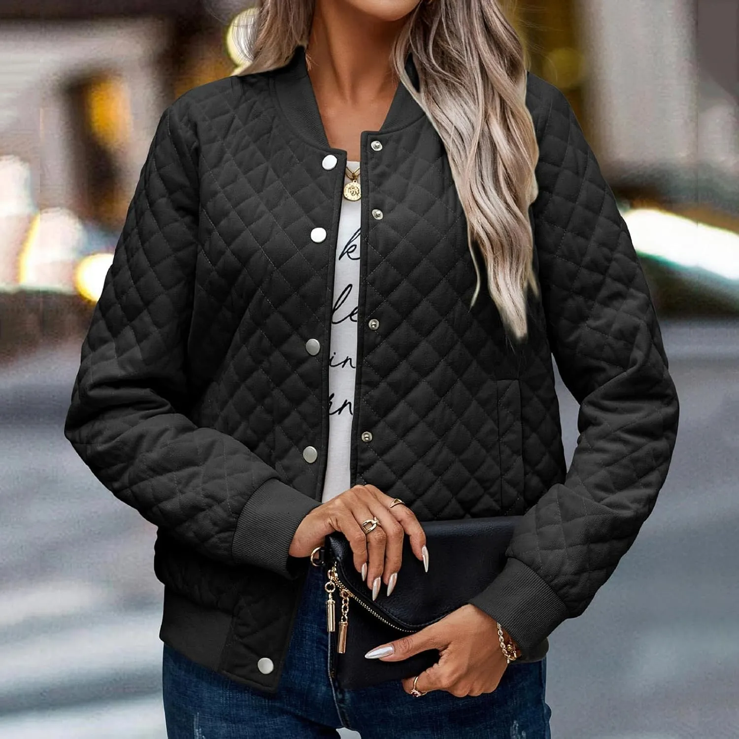 Women's Bomber Jacket 2024 Winter Trendy Coats Casual Baseball Coat Button Up Outerwear Lightweight Windbreaker Pockets