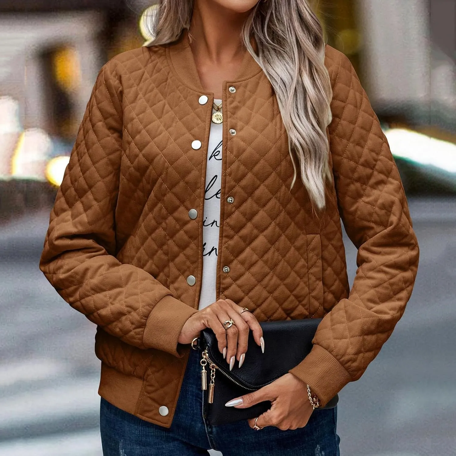 Women's Bomber Jacket 2024 Winter Trendy Coats Casual Baseball Coat Button Up Outerwear Lightweight Windbreaker Pockets