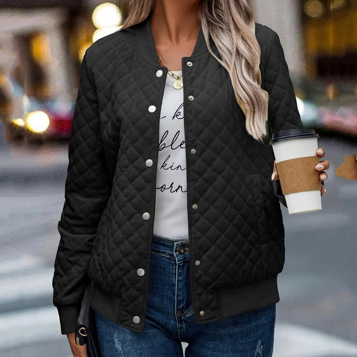 Women's Bomber Jacket 2024 Winter Trendy Coats Casual Baseball Coat Button Up Outerwear Lightweight Windbreaker Pockets