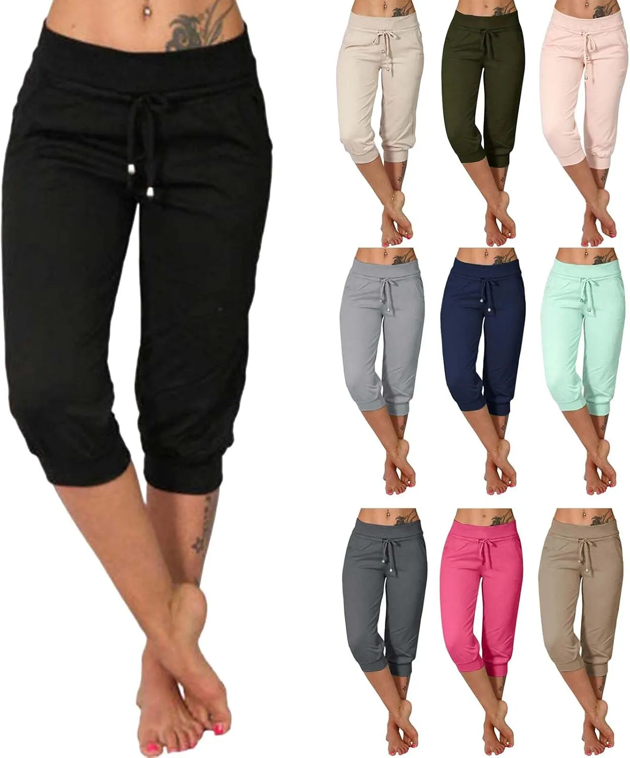 Womens Capri Pants 2025 Casual Stretchy Drawstring Waist Cropped Yoga Joggers Pants Summer Workout Cropped Trousers