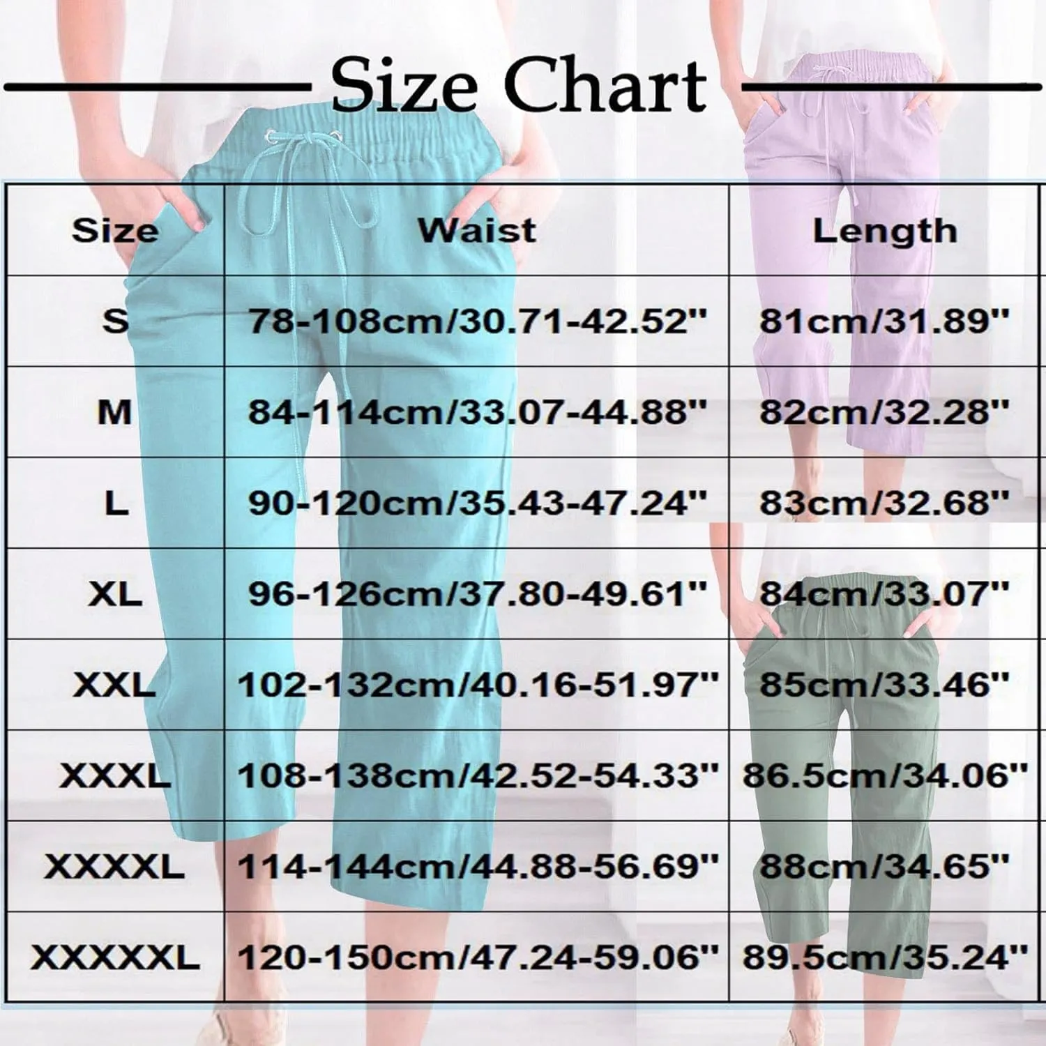 Womens Capri Trousers Cotton Linen Cropped Pants Ladies Elasticated Waist Sweatpants Drawstring Wide Leg Trouser