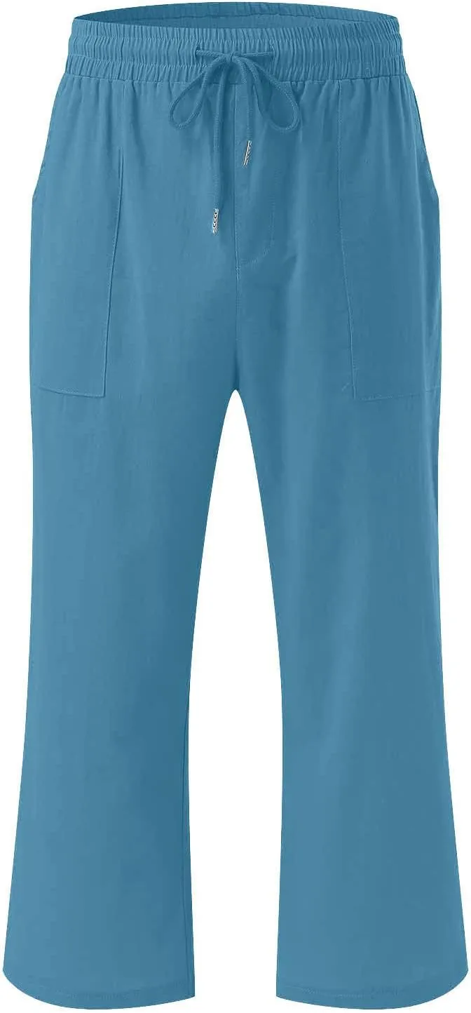 Womens Capri Trousers Cotton Linen Cropped Pants Ladies Elasticated Waist Sweatpants Drawstring Wide Leg Trouser