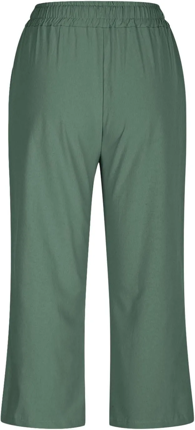 Womens Capri Trousers Cotton Linen Cropped Pants Ladies Elasticated Waist Sweatpants Drawstring Wide Leg Trouser