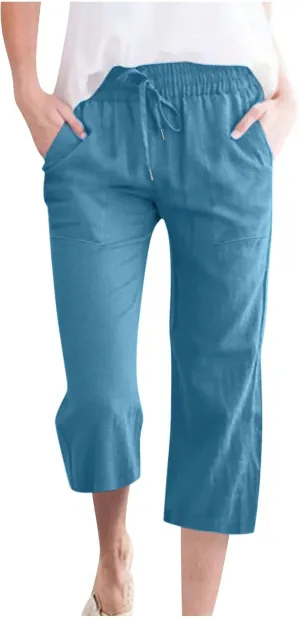 Womens Capri Trousers Cotton Linen Cropped Pants Ladies Elasticated Waist Sweatpants Drawstring Wide Leg Trouser