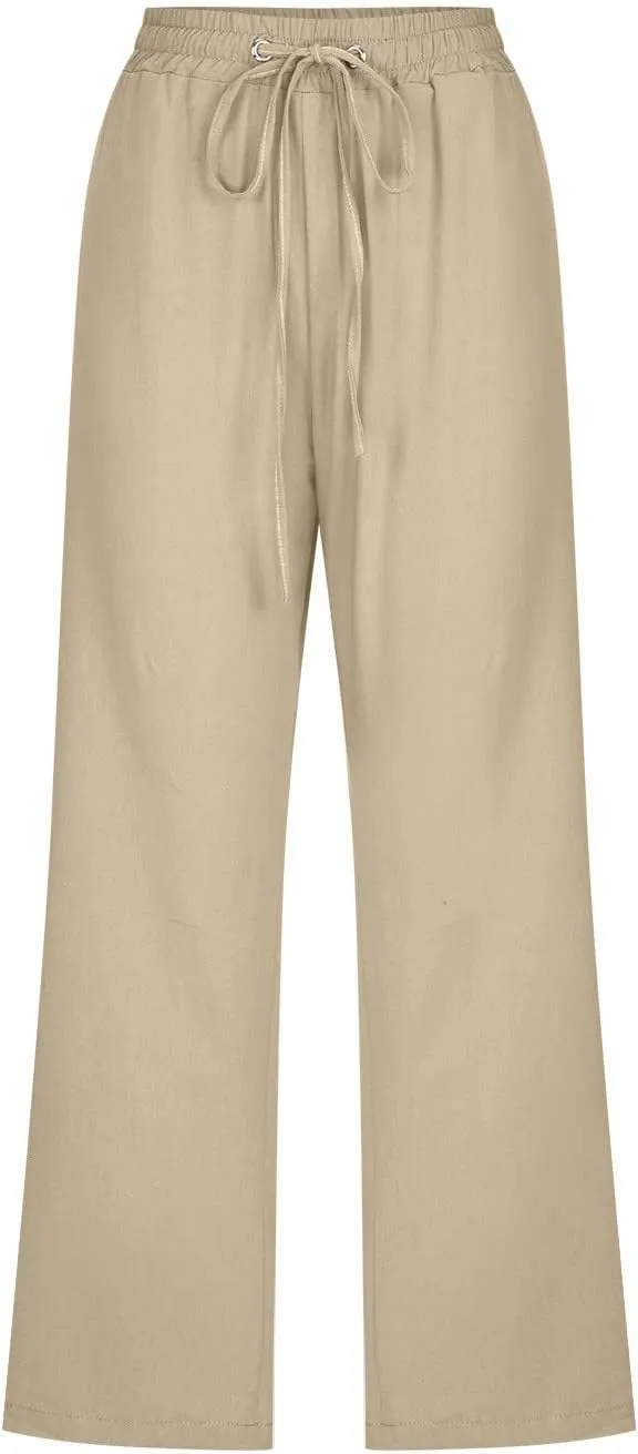 Womens Capri Trousers Cotton Linen Cropped Pants Ladies Elasticated Waist Sweatpants Drawstring Wide Leg Trouser