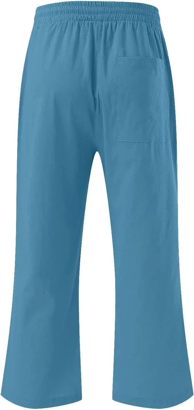 Womens Capri Trousers Cotton Linen Cropped Pants Ladies Elasticated Waist Sweatpants Drawstring Wide Leg Trouser