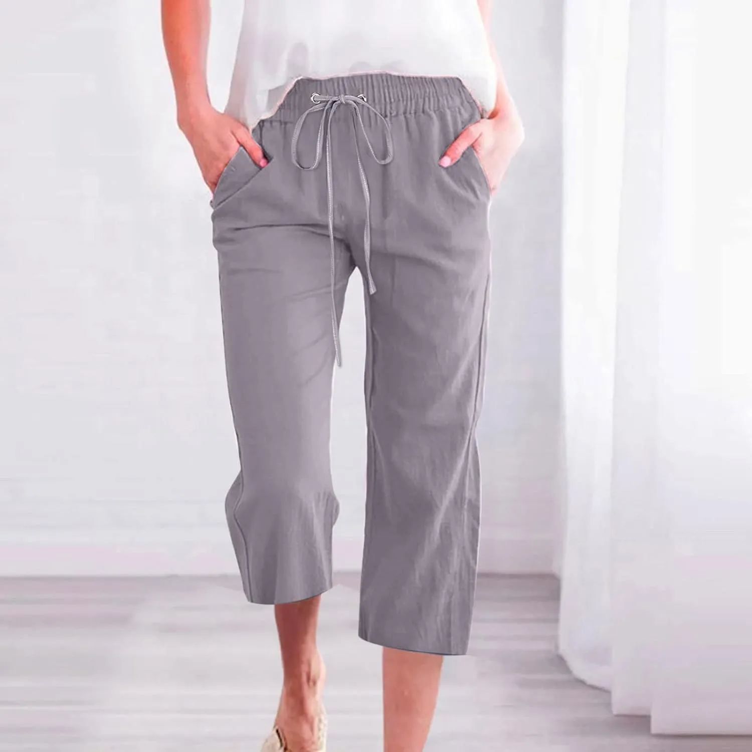 Womens Capri Trousers Cotton Linen Cropped Pants Ladies Elasticated Waist Sweatpants Drawstring Wide Leg Trouser