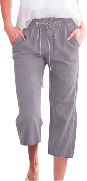Womens Capri Trousers Cotton Linen Cropped Pants Ladies Elasticated Waist Sweatpants Drawstring Wide Leg Trouser