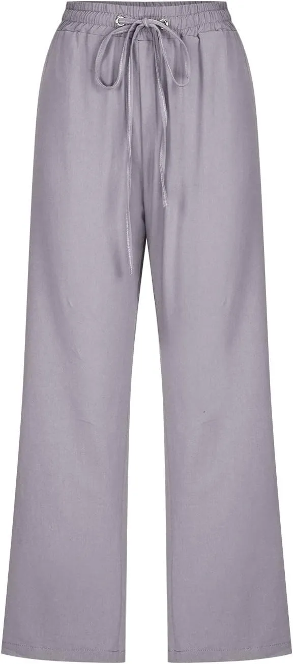 Womens Capri Trousers Cotton Linen Cropped Pants Ladies Elasticated Waist Sweatpants Drawstring Wide Leg Trouser