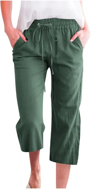 Womens Capri Trousers Cotton Linen Cropped Pants Ladies Elasticated Waist Sweatpants Drawstring Wide Leg Trouser
